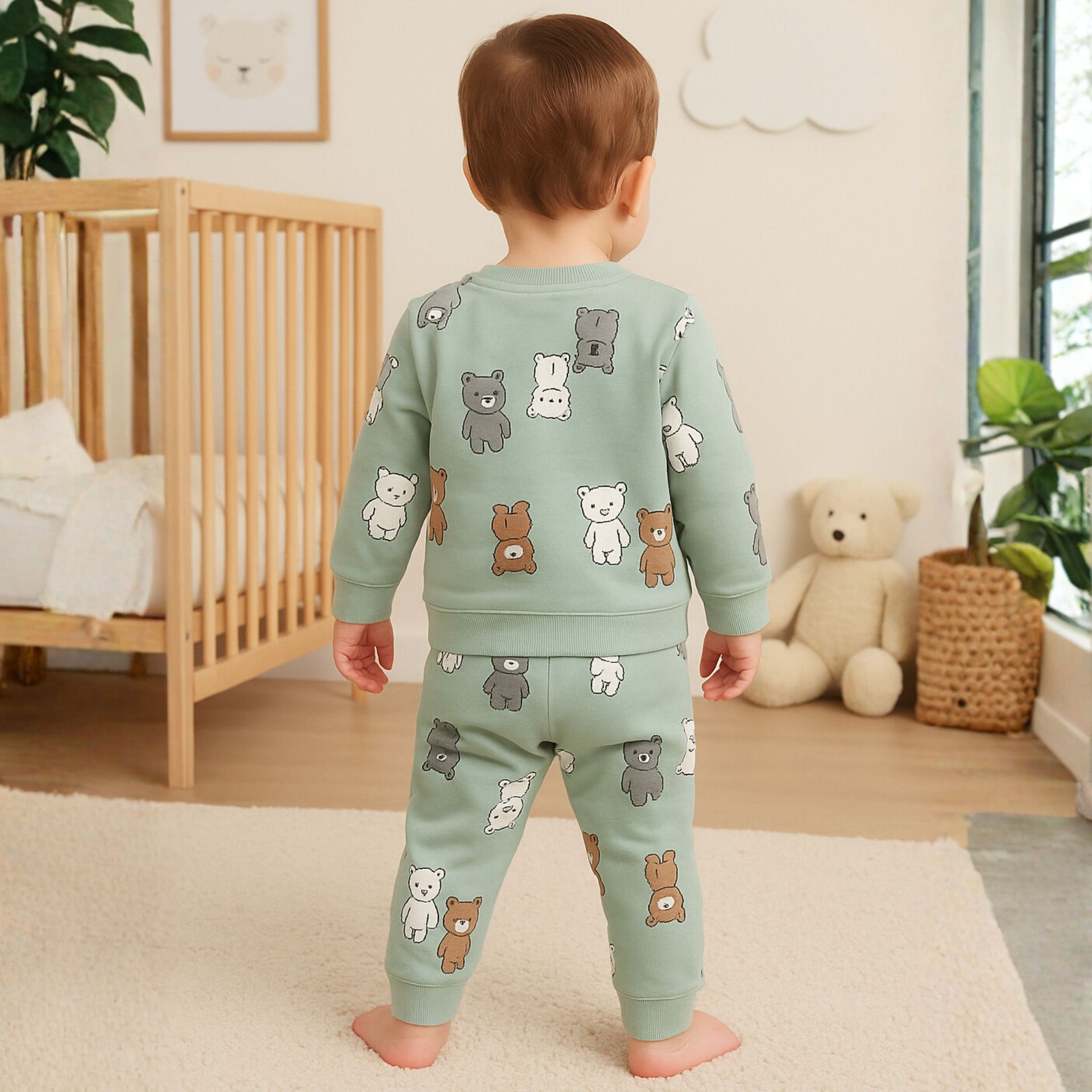 OLLYPOP “Teddy All Over Print” Boys Sweatshirt & Pant Set – Cozy Cotton Outfit (6M–3Y) – Green & Blue
