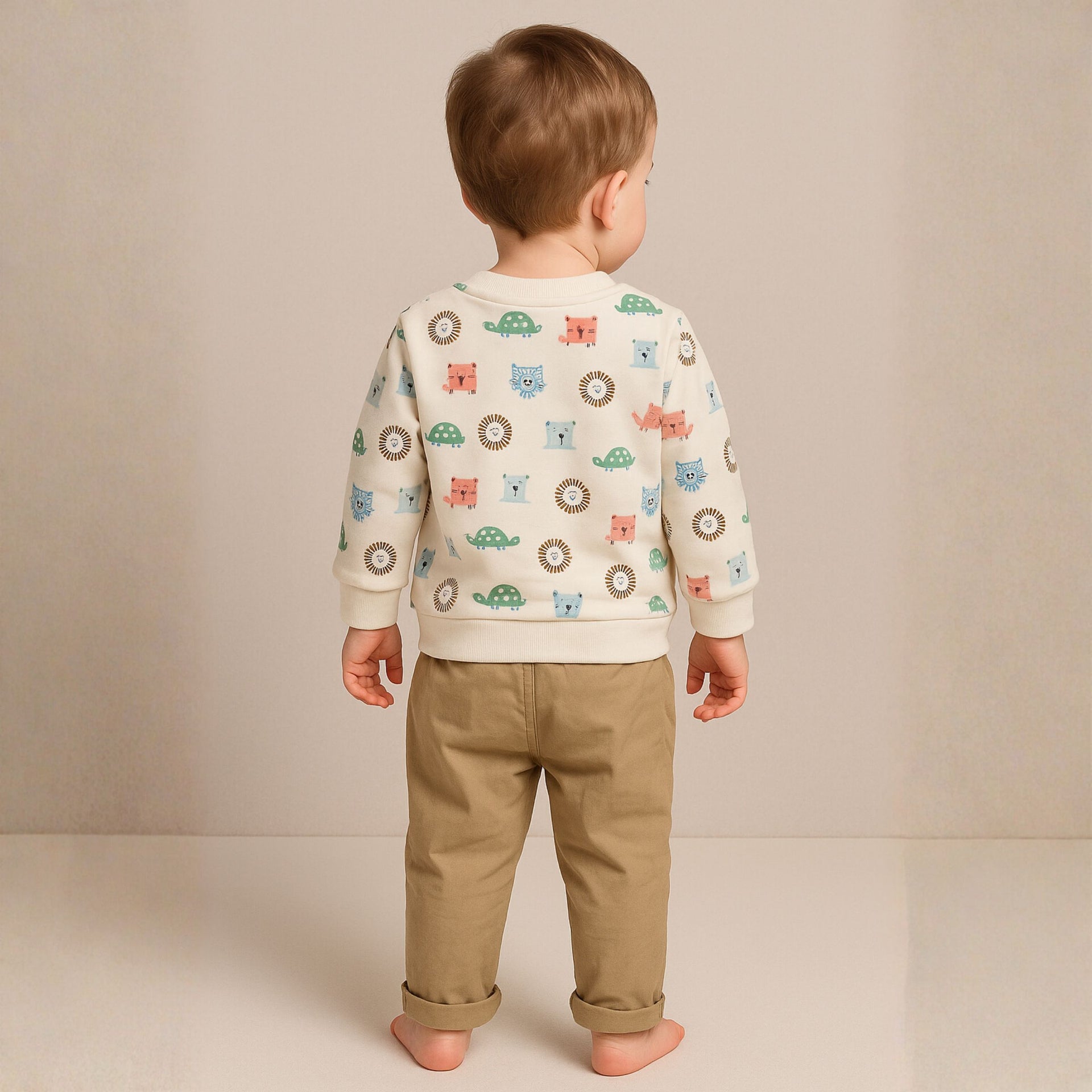 OLLYPOP Baby Animal Print Sweatshirt & Pant Set – White & Cream | 3M–3Y