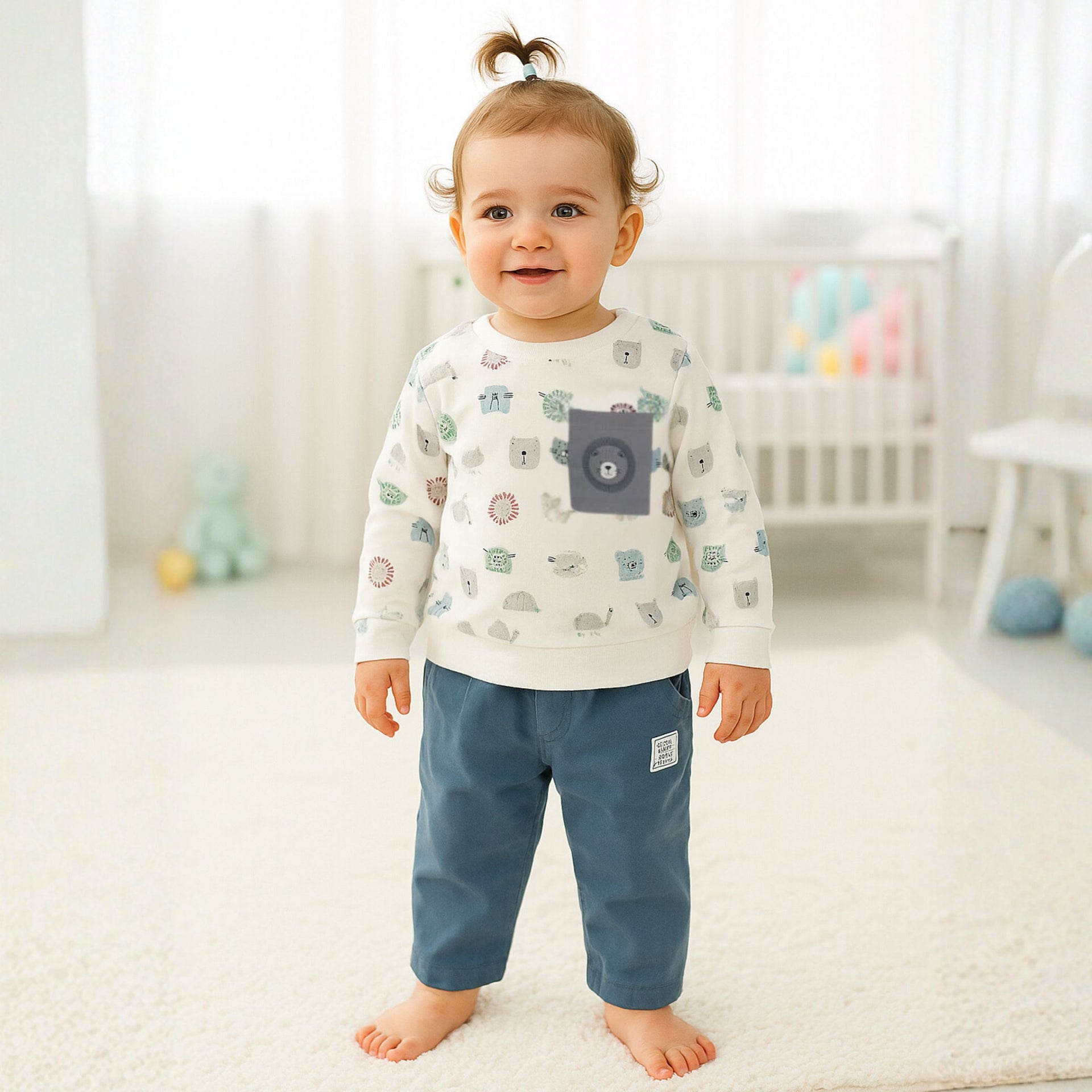 Ollypop Baby Boy Full Sleeves Printed Sweatshirt & Solid Pants Set – White/Cream | 3 to 24 Months