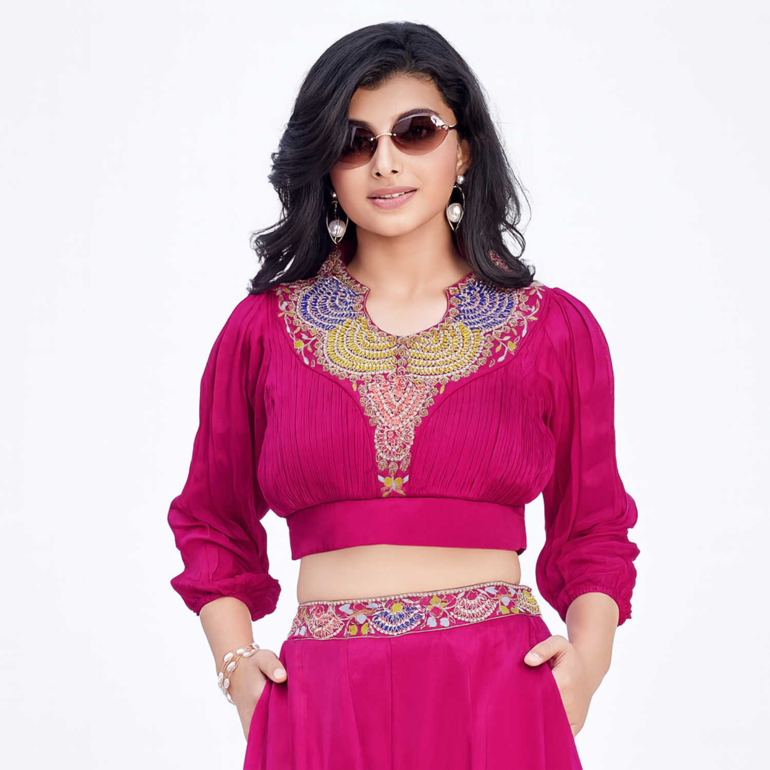 QREE Girls Magenta Silk Embroidered Co-Ord Set – Crop Top & Palazzo | 4 to 12 Years | Festive Wear