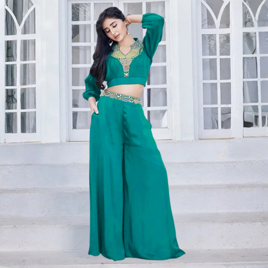 QREE GIRLS Firoji Silk Palazzo Suit for Girls (Age 4–12 Years)