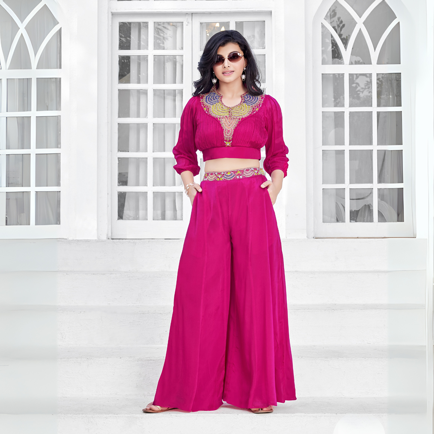 QREE Girls Magenta Silk Embroidered Co-Ord Set – Crop Top & Palazzo | 4 to 12 Years | Festive Wear
