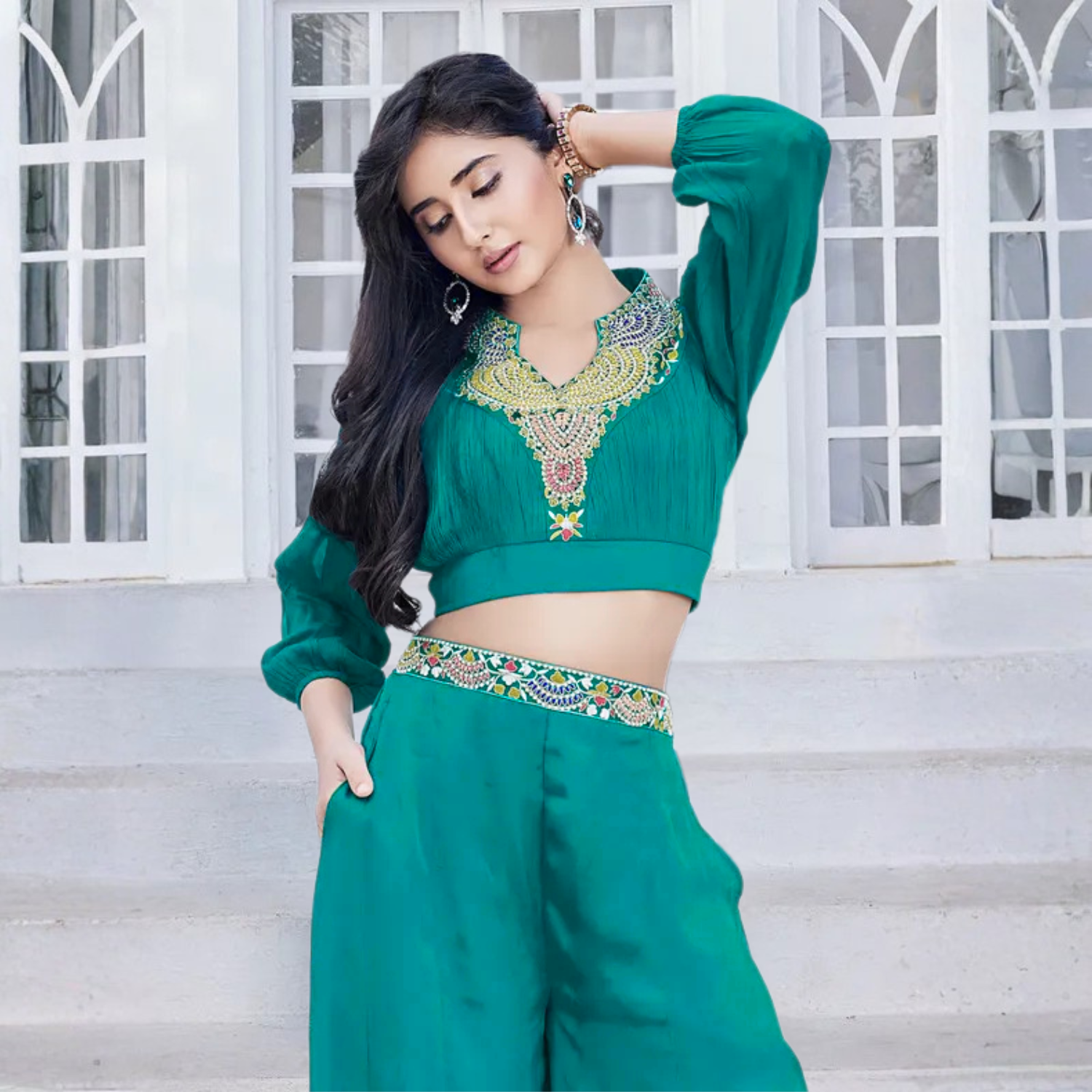 QREE GIRLS Firoji Silk Palazzo Suit for Girls (Age 4–12 Years)