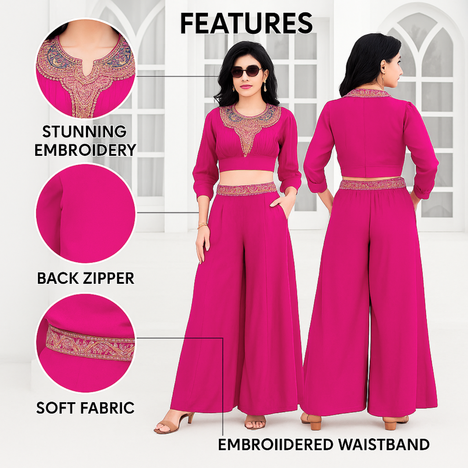 QREE Girls Magenta Silk Embroidered Co-Ord Set – Crop Top & Palazzo | 4 to 12 Years | Festive Wear
