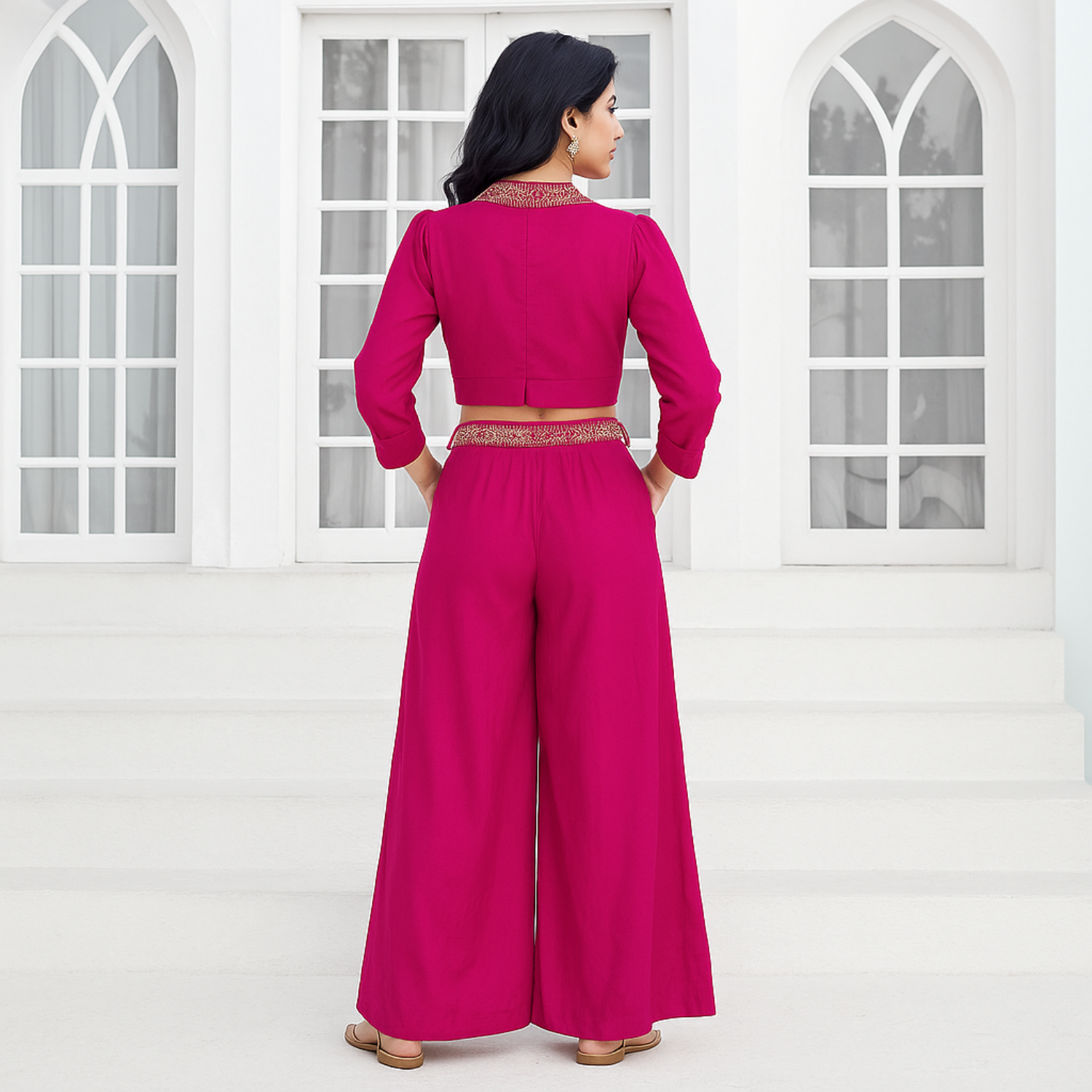 QREE Girls Magenta Silk Embroidered Co-Ord Set – Crop Top & Palazzo | 4 to 12 Years | Festive Wear