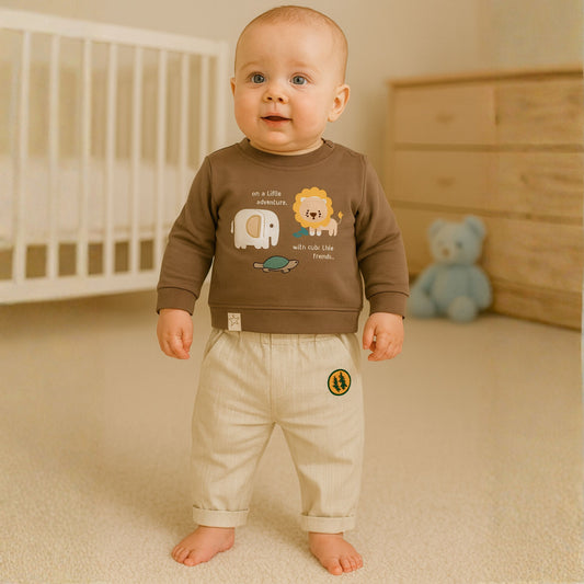 OLLYPOP Baby Boys’ Adventure Sweatshirt & Pants Set (Brown / Navy)