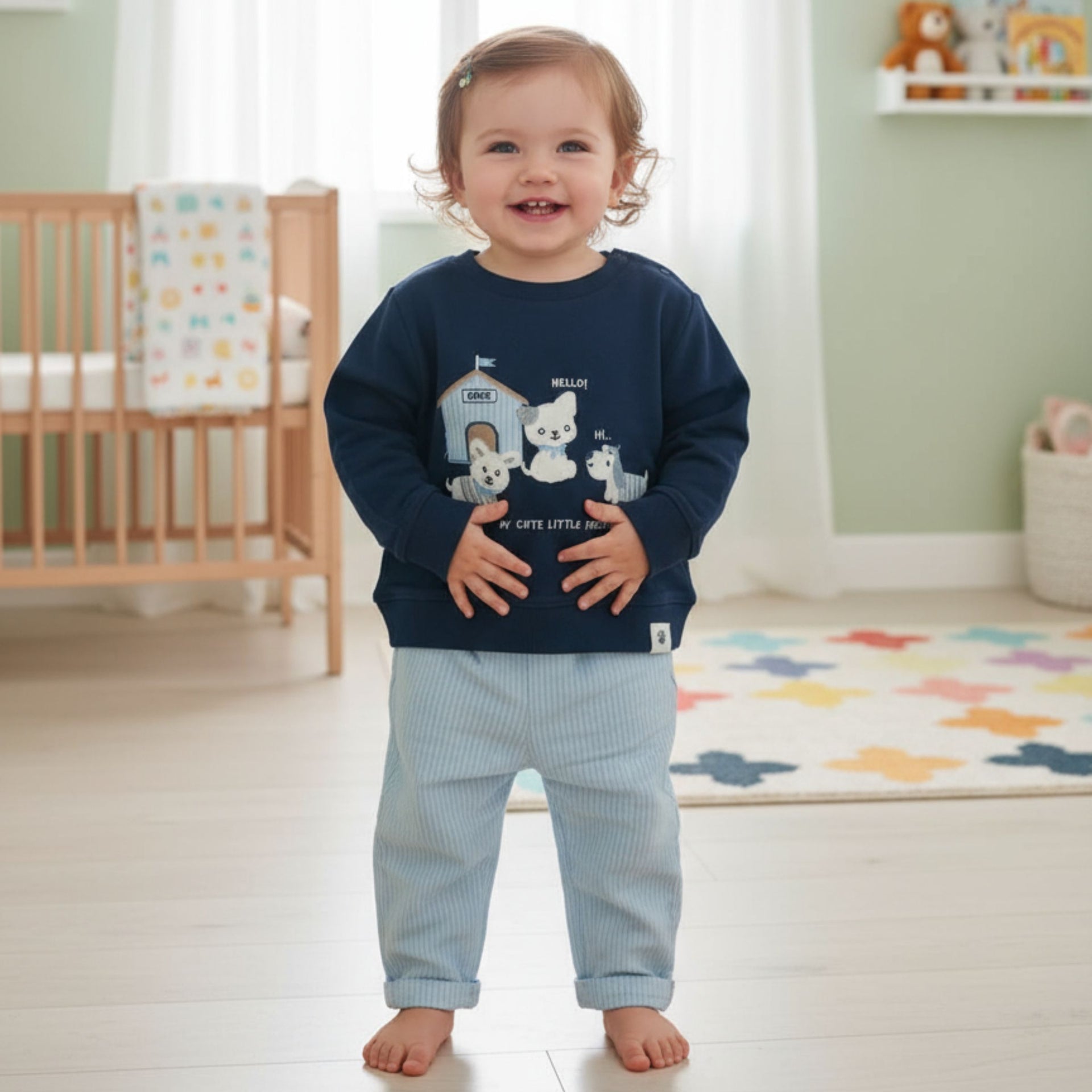 Ollypop Baby Boy Full Sleeves Printed Sweatshirt & Striped Pants Set – Navy / Dusty Rose | 3M to 3Y