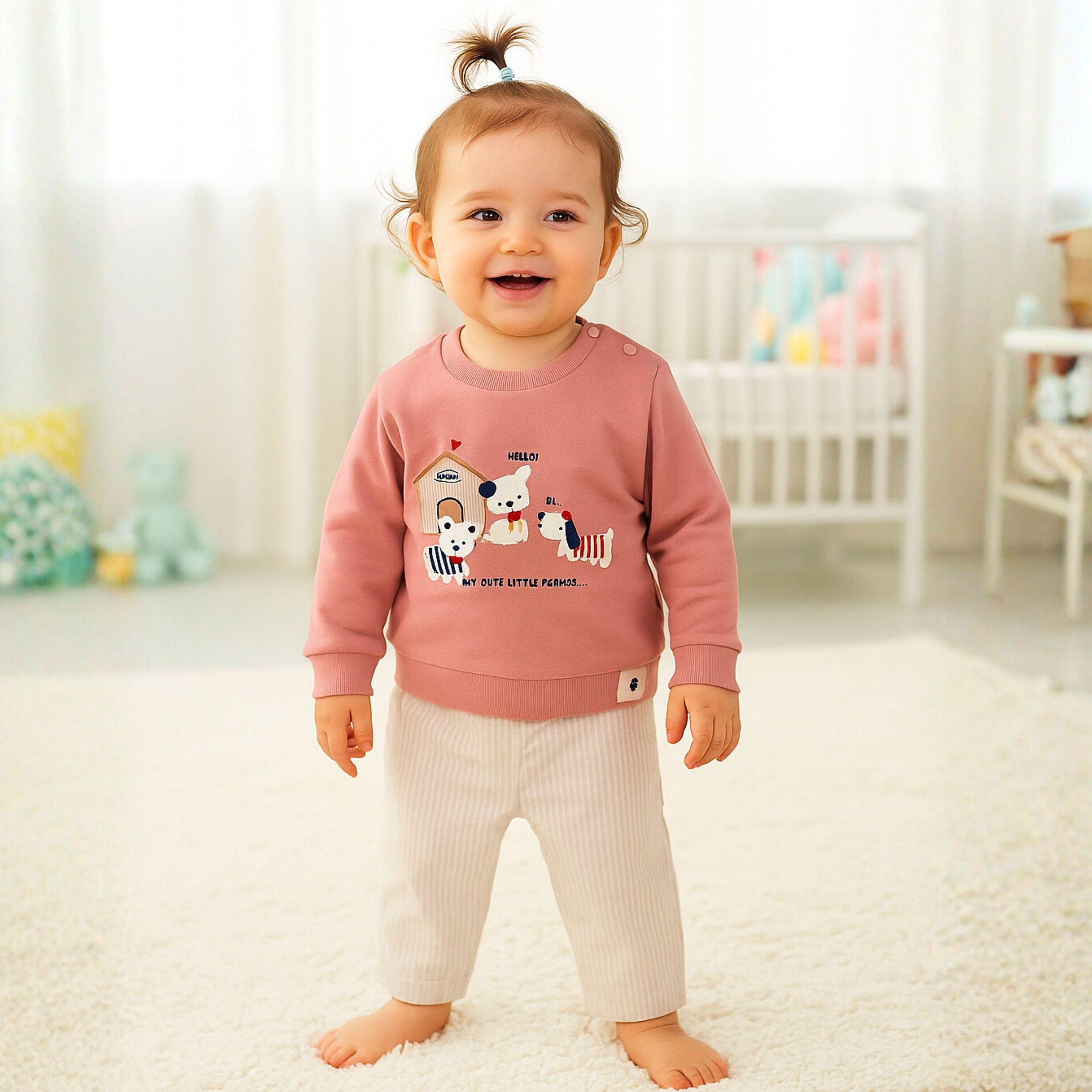 Ollypop Baby Boy Full Sleeves Printed Sweatshirt & Striped Pants Set – Navy / Dusty Rose | 3M to 3Y