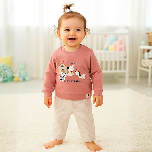 Ollypop Baby Boy Full Sleeves Printed Sweatshirt & Striped Pants Set – Navy / Dusty Rose | 3M to 3Y