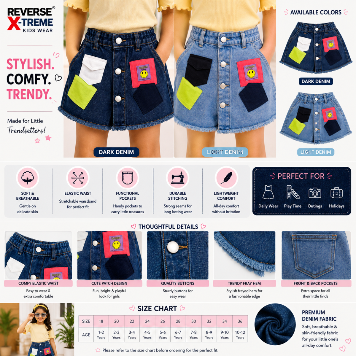Reverse X-treme Girls Denim Patch Shorts | Light & Dark Denim | Stylish Casual Shorts with Frayed Hem | Ages 1–12 Years 