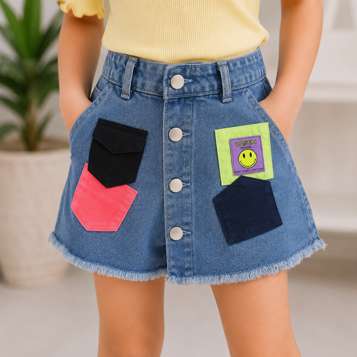 Reverse X-treme Girls Denim Patch Shorts | Light & Dark Denim | Stylish Casual Shorts with Frayed Hem | Ages 1–12 Years 