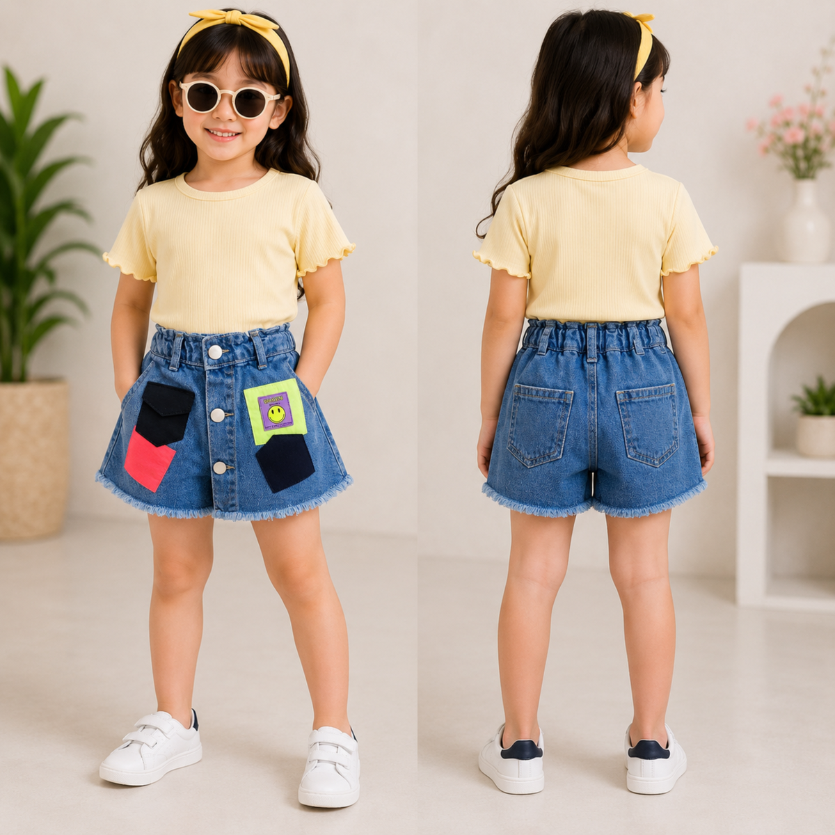 Reverse X-treme Girls Denim Patch Shorts | Light & Dark Denim | Stylish Casual Shorts with Frayed Hem | Ages 1–12 Years 