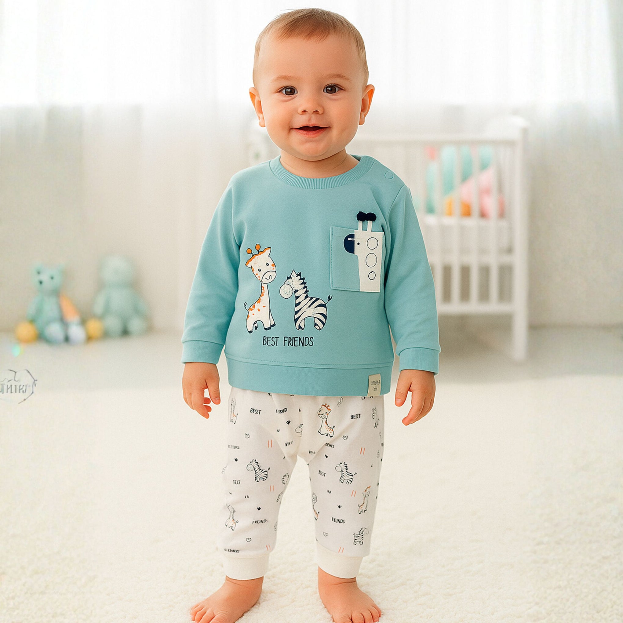 Ollypop Baby Boy “Best Friends” Printed Full Sleeve Top & Pant Set | Soft Cotton Outfit | Age 3 Months to 3 Years