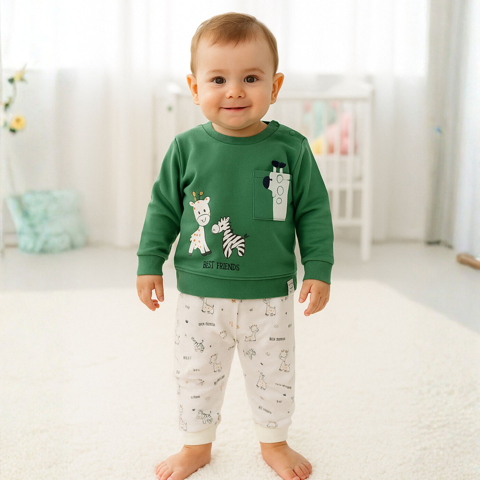 Ollypop Baby Boy “Best Friends” Printed Full Sleeve Top & Pant Set | Soft Cotton Outfit | Age 3 Months to 3 Years