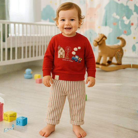 OLLYPOP Baby Boys Printed Sweatshirt & Striped Pant Set | Warm & Soft Winter Wear (6–24 Months)