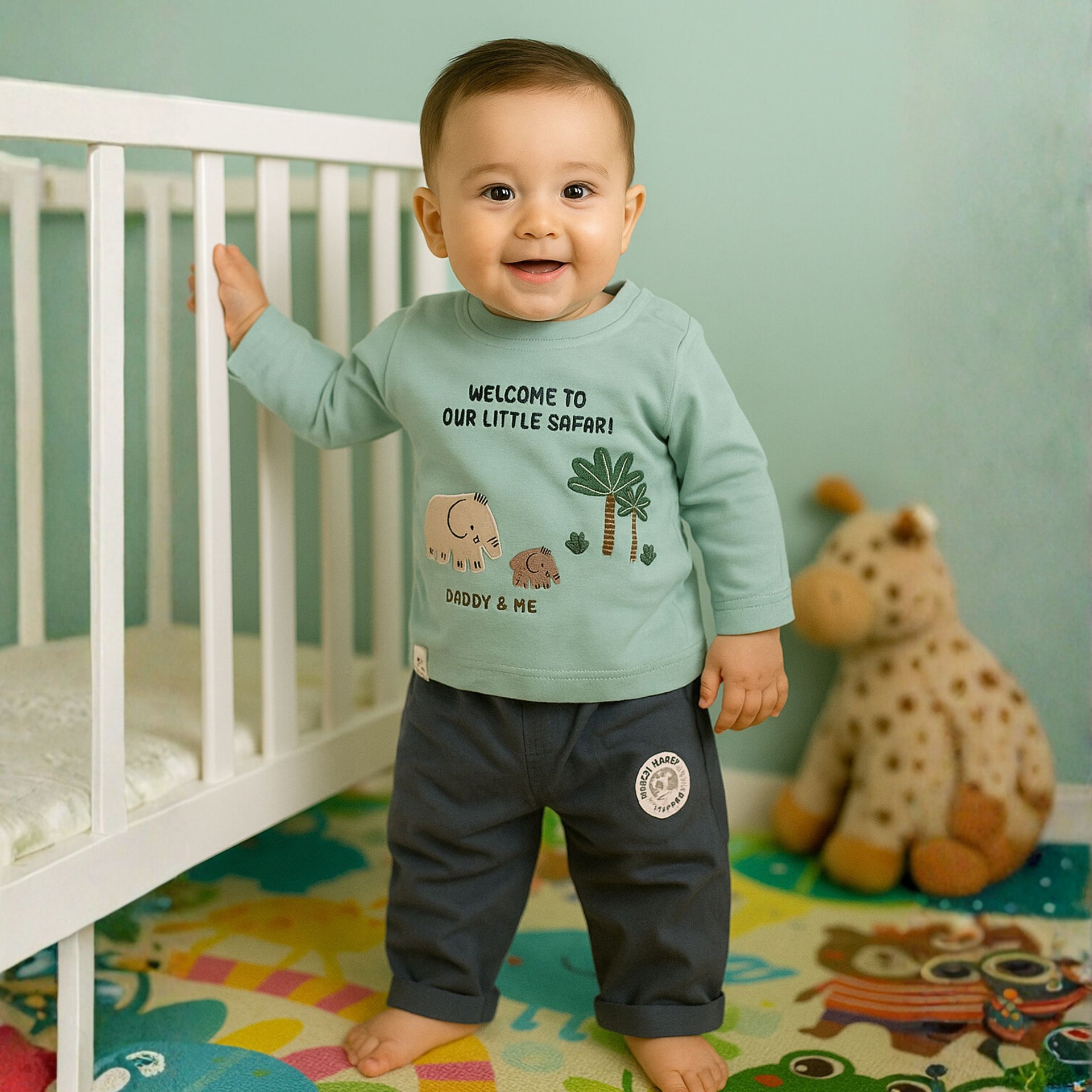 OLLYPOP Baby Boys “Daddy & Me Safari” Cotton T-Shirt and Pant Set | Elephant Print Outfit (3M–24M)