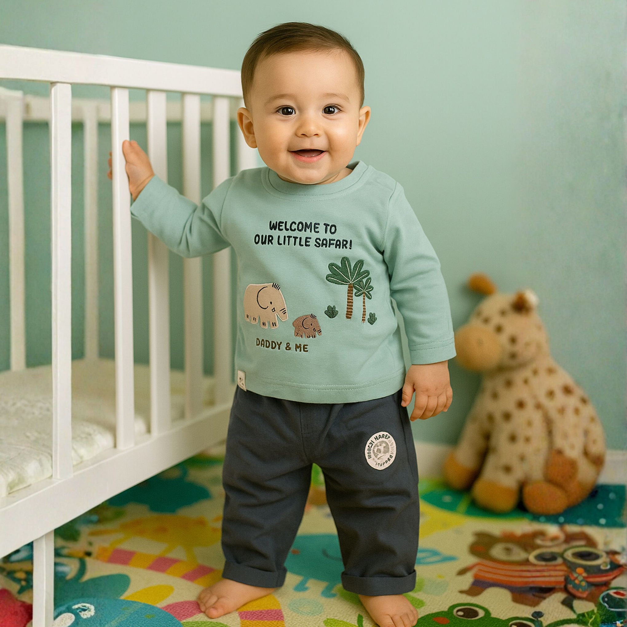 OLLYPOP Baby Boys “Daddy & Me Safari” Cotton T-Shirt and Pant Set | Elephant Print Outfit (3M–24M)