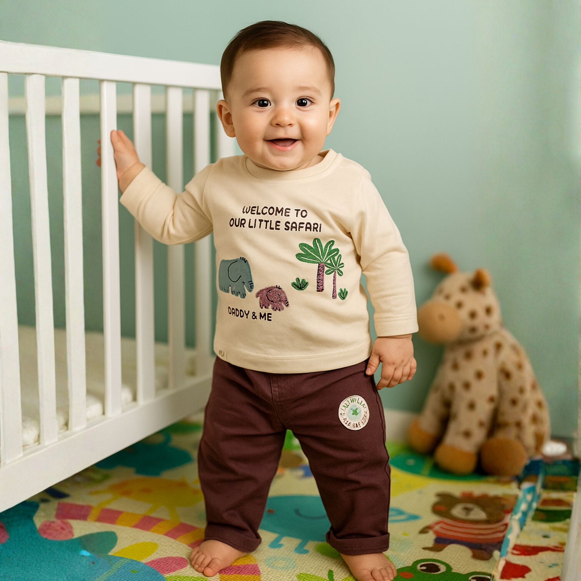 OLLYPOP Baby Boys “Daddy & Me Safari” Cotton T-Shirt and Pant Set | Elephant Print Outfit (3M–24M)