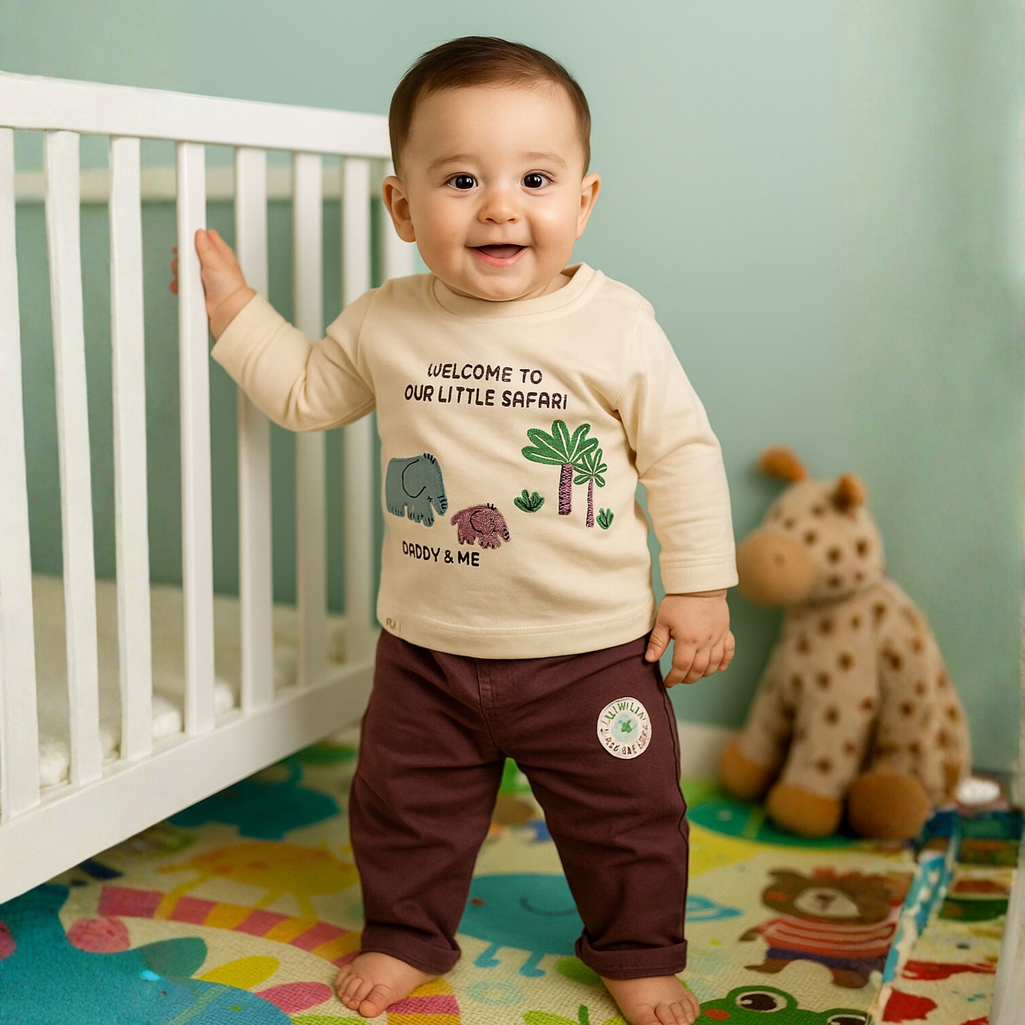 OLLYPOP Baby Boys “Daddy & Me Safari” Cotton T-Shirt and Pant Set | Elephant Print Outfit (3M–24M)