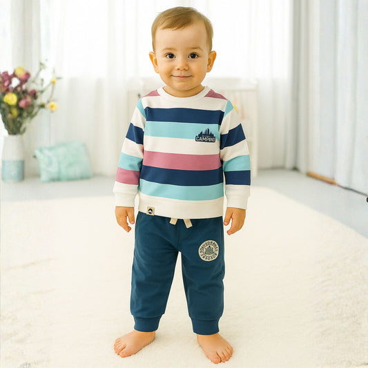 OLLYPOP Baby Boys Striped Sweatshirt and Jogger Set – White & Cream | Sizes 12 Months to 3 Years