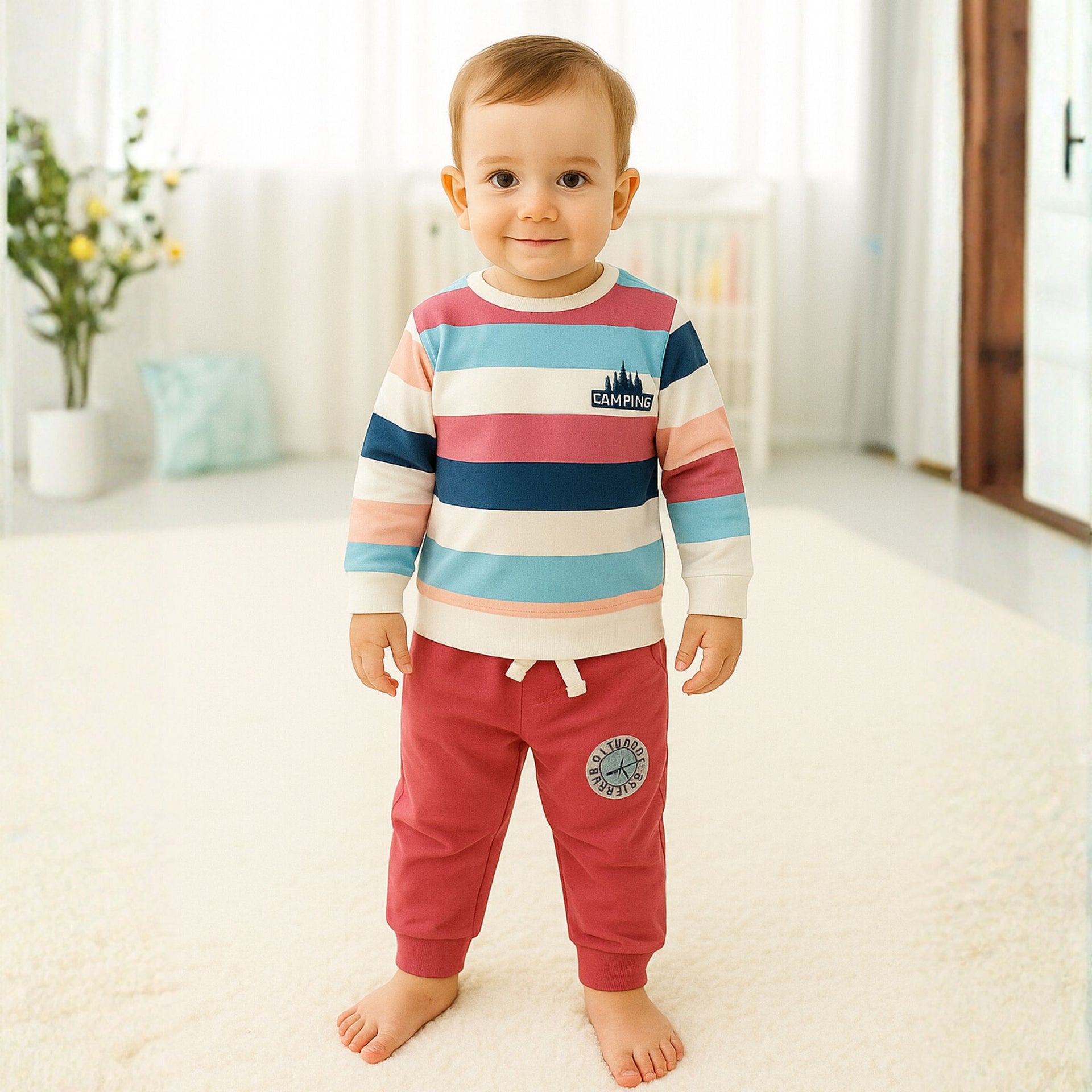 OLLYPOP Baby Boys Striped Sweatshirt and Jogger Set – White & Cream | Sizes 12 Months to 3 Years