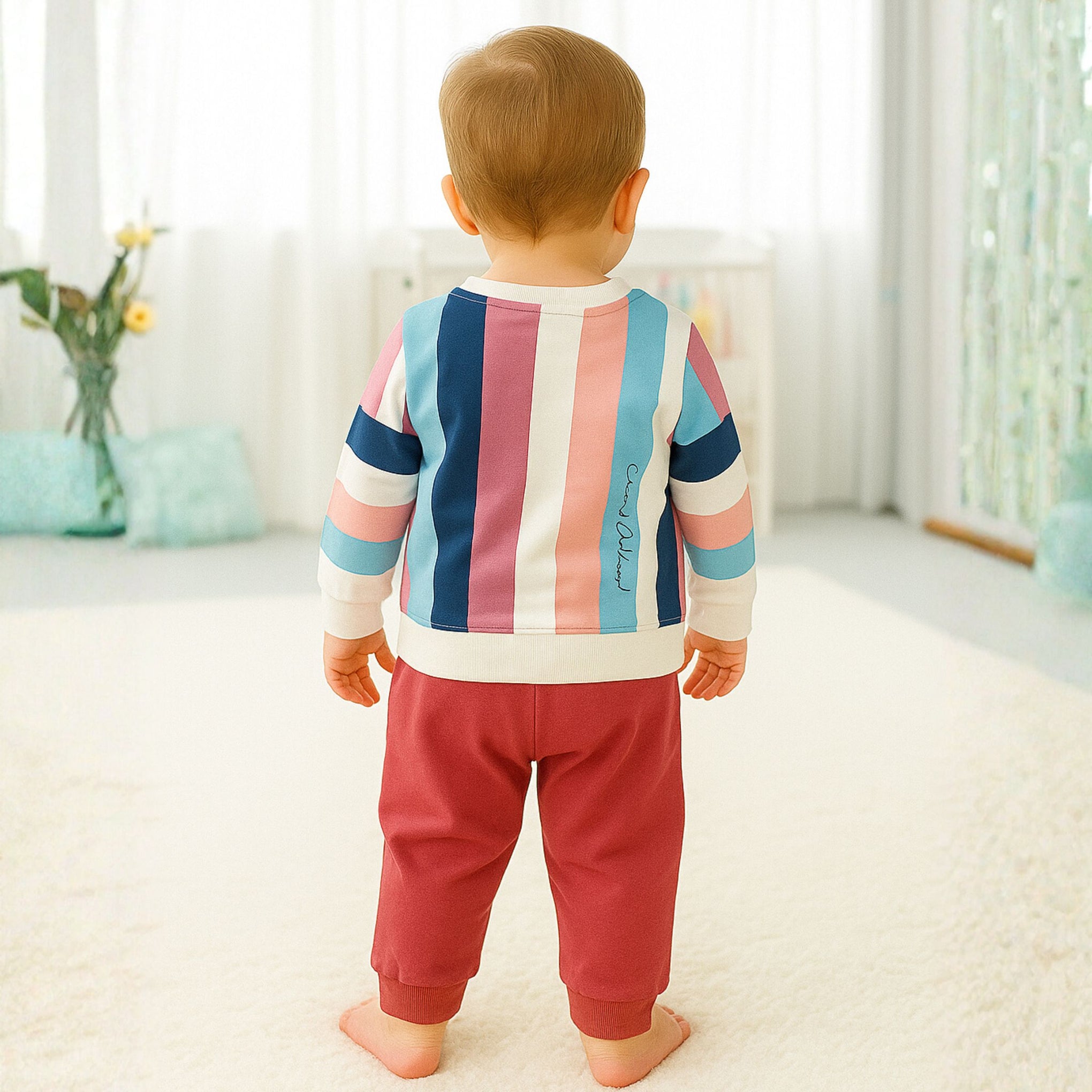 OLLYPOP Baby Boys Striped Sweatshirt and Jogger Set – White & Cream | Sizes 12 Months to 3 Years