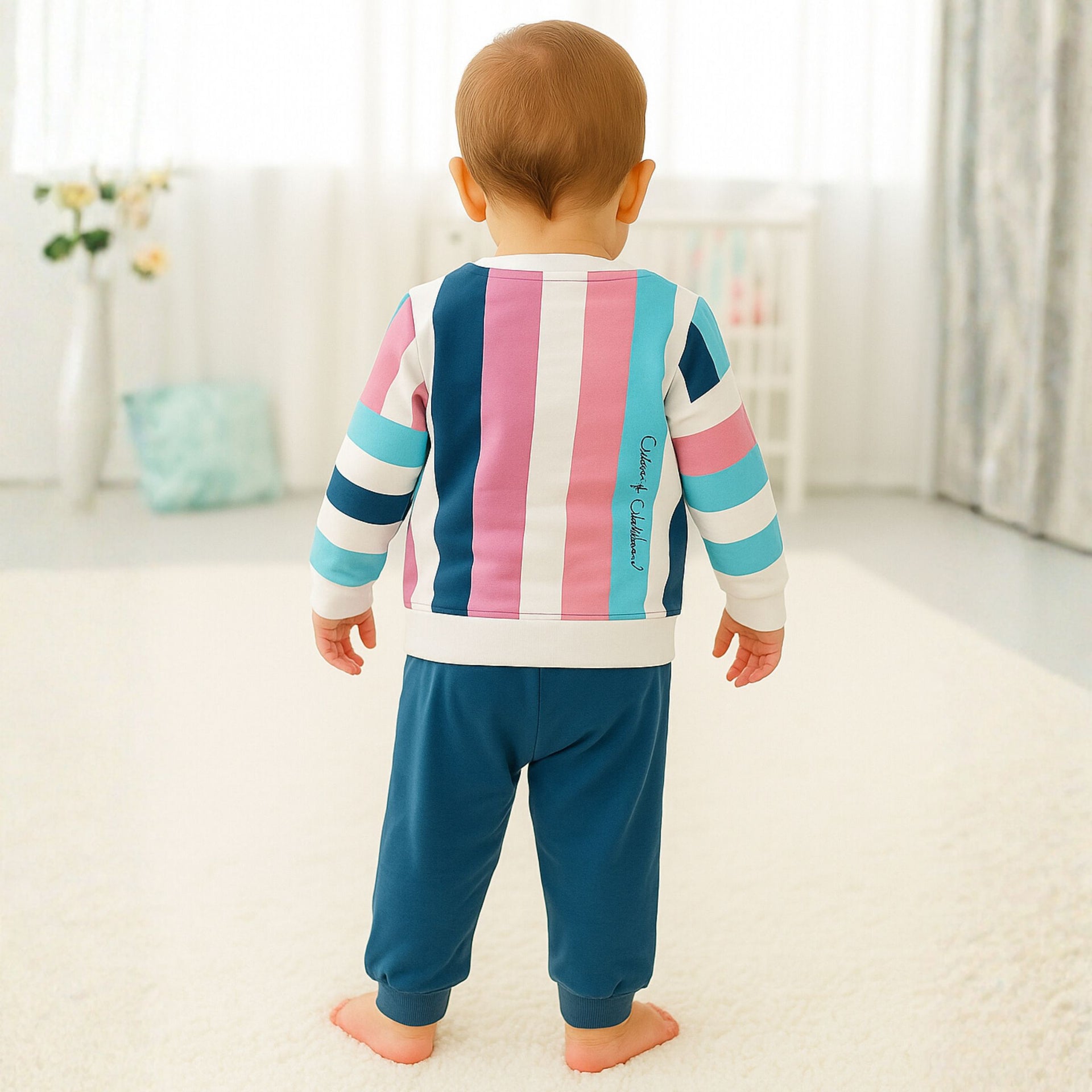 OLLYPOP Baby Boys Striped Sweatshirt and Jogger Set – White & Cream | Sizes 12 Months to 3 Years