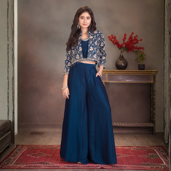 Qree Girls Navy Blue Embroidered Palazzo Set with Crop Top & Jacket (4–12 Years)