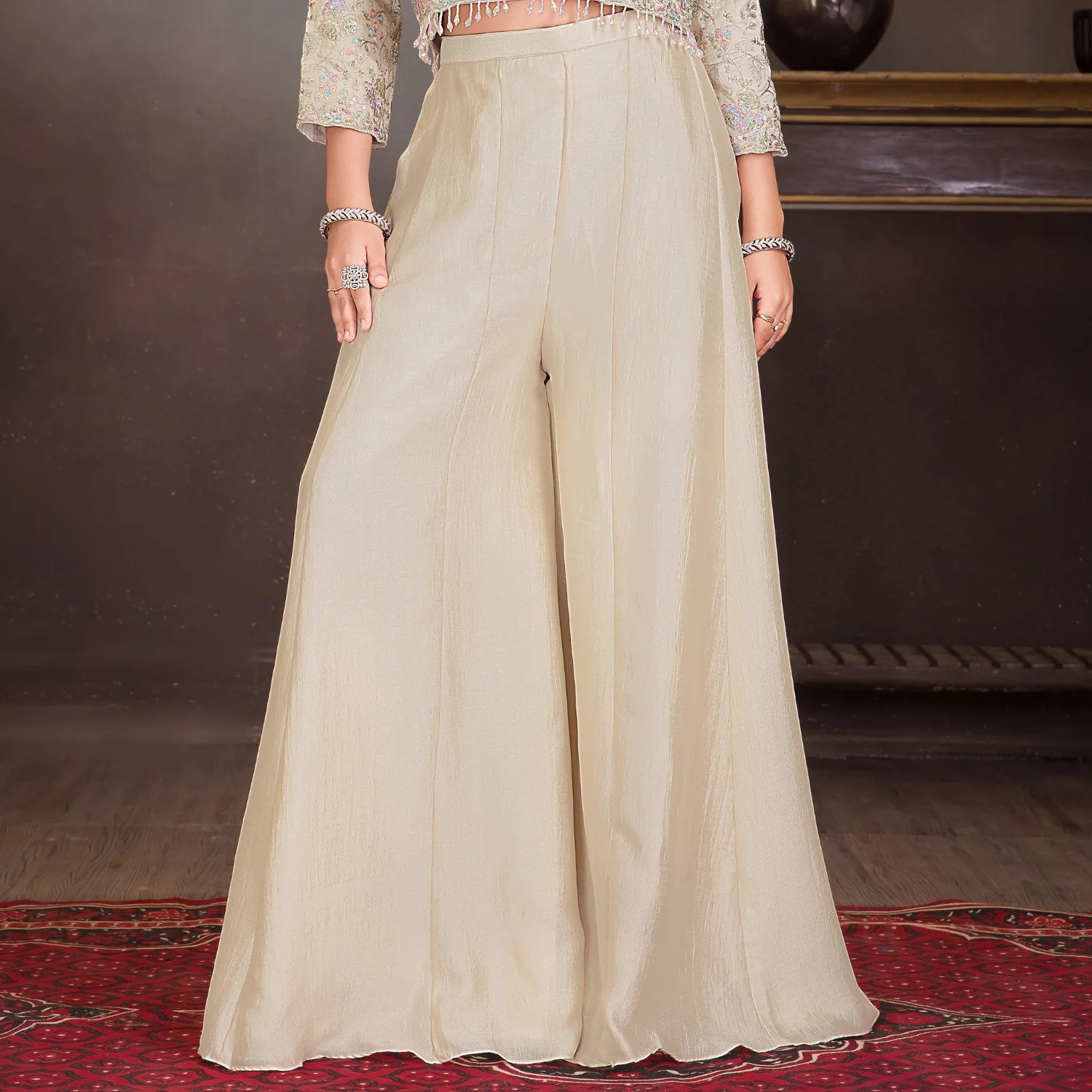 Qree Girls Cream Embroidered Palazzo Set with Crop Top & Jacket (1–12 Years)