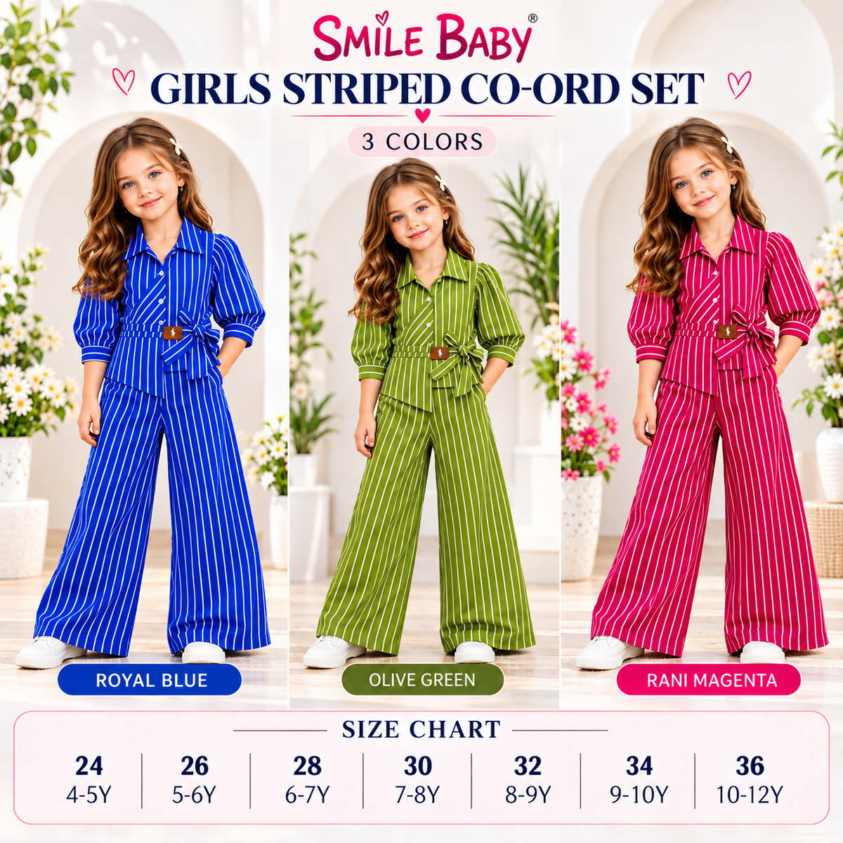 SMILE BABY girls striped co-ord set in three colors