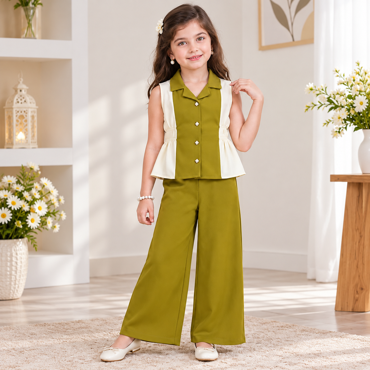 SMILE BABY Girls Premium Sleeveless Collared Top & Wide-Leg Pants Co-Ord Set 