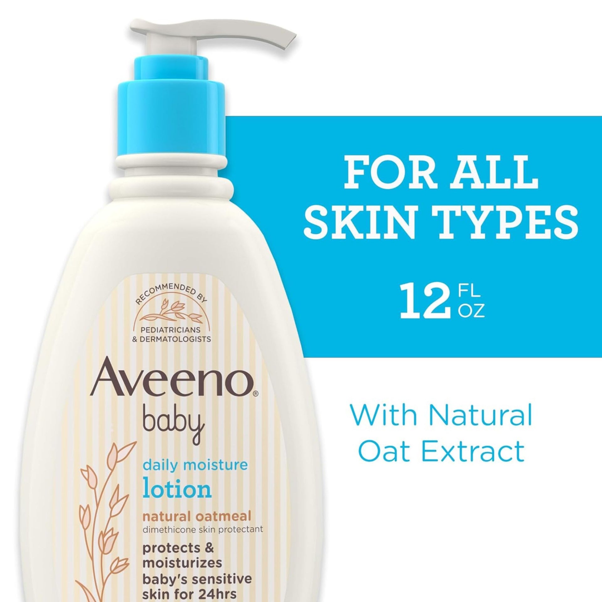 Aveeno Baby Daily Moisture Lotion with Prebiotic Oat, Fragrance-Free & Hypoallergenic, 24-Hour Moisturization for Sensitive Skin, 12 fl oz (354 ml)