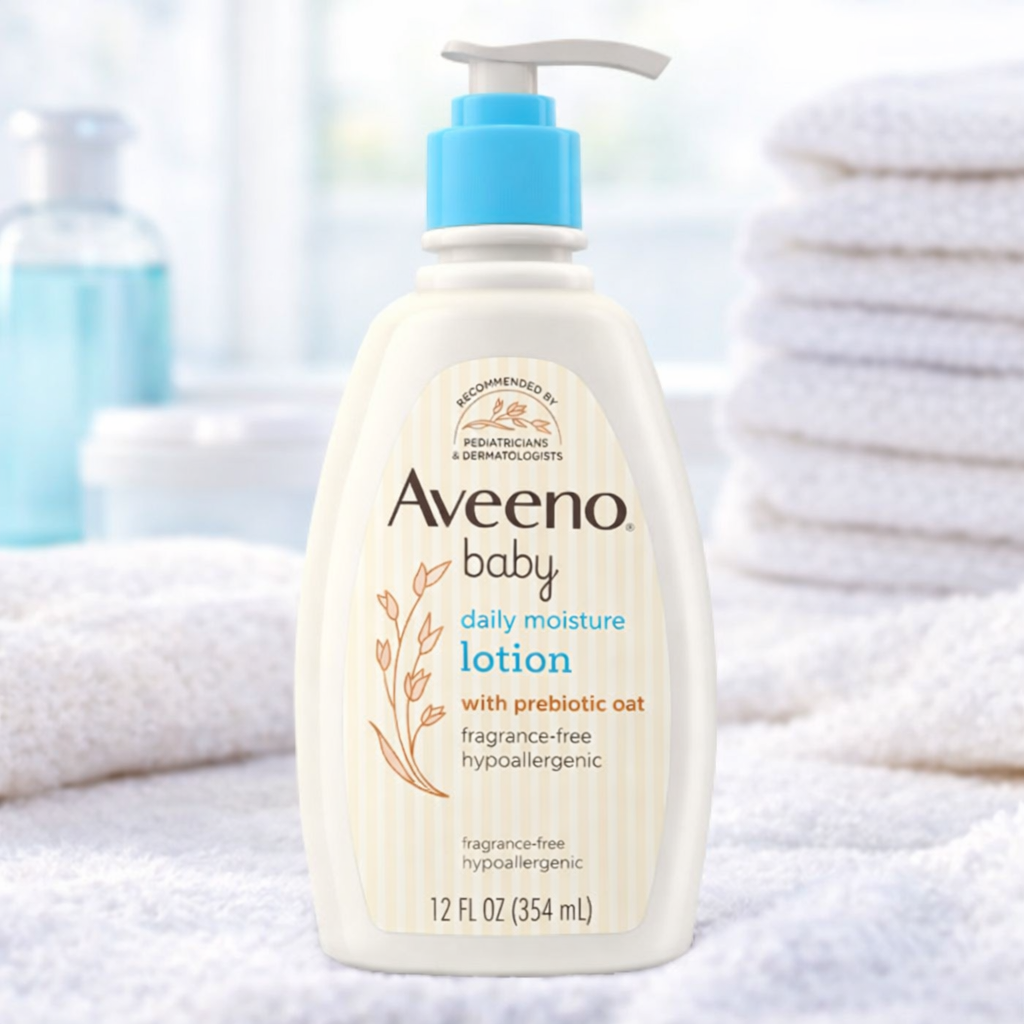 Aveeno Baby Daily Moisture Lotion with Prebiotic Oat, Fragrance-Free & Hypoallergenic, 24-Hour Moisturization for Sensitive Skin, 12 fl oz (354 ml)