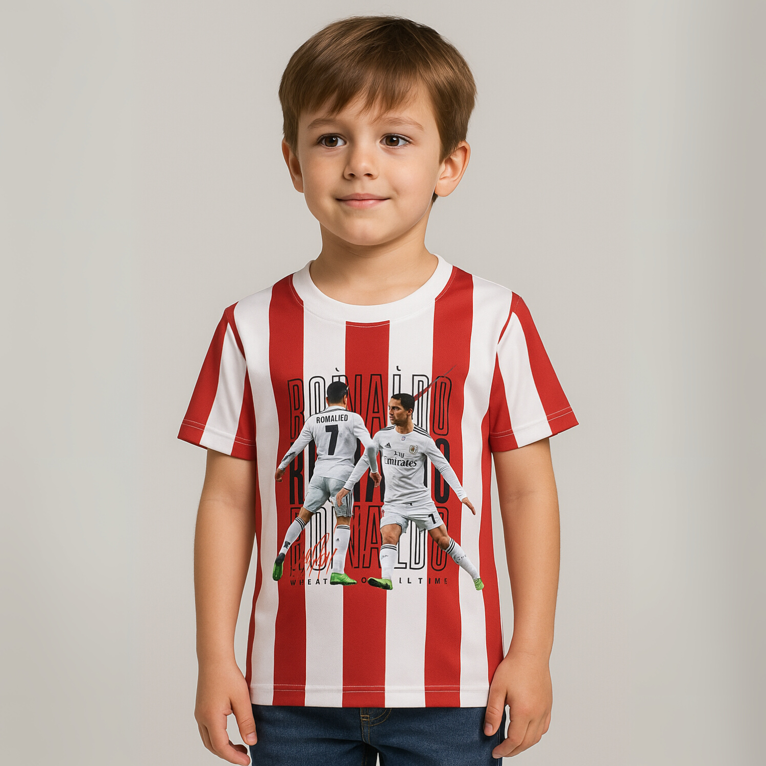 Smile Baby Kids' Red & White Striped Football T-Shirt & Shorts Set – Cristiano Ronaldo Print (Age 4–12 Years)