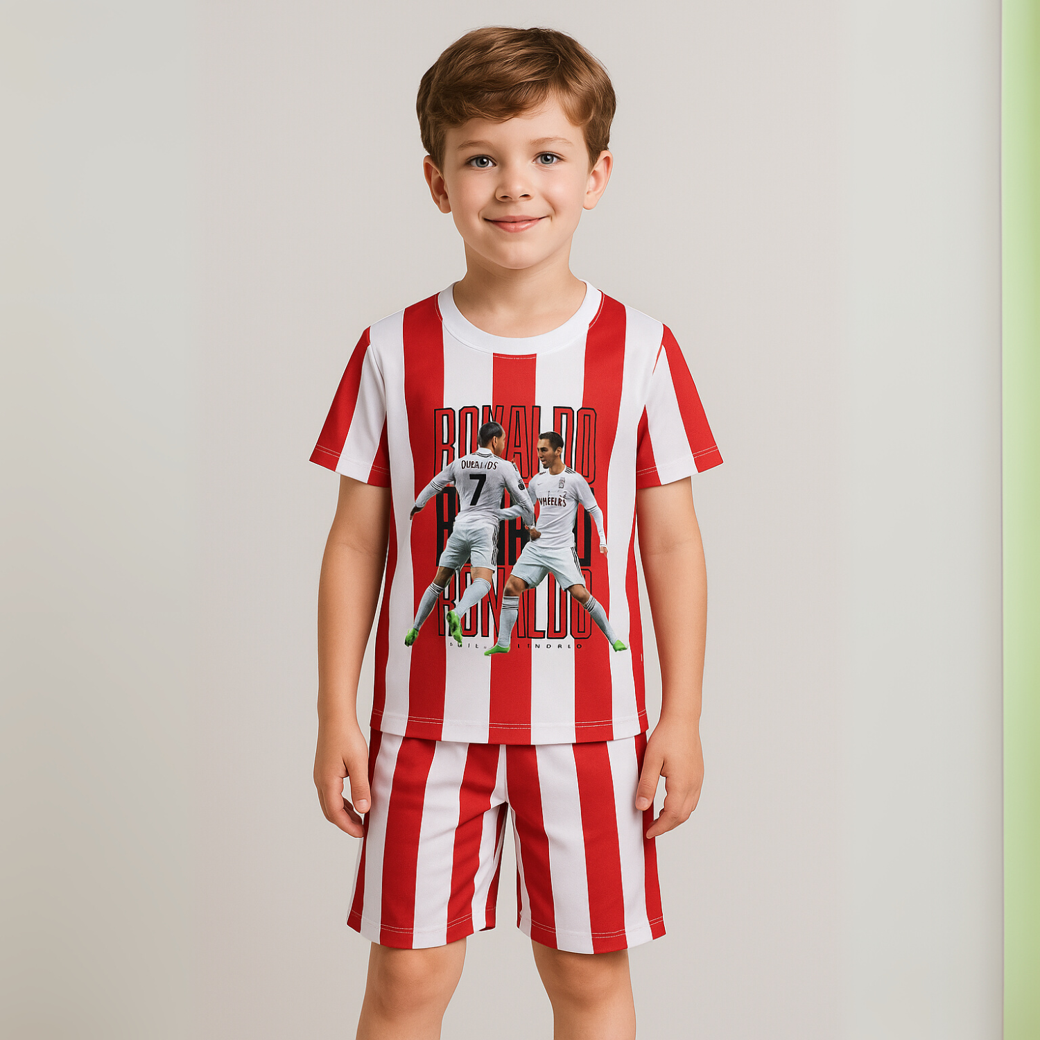 Smile Baby Kids' Red & White Striped Football T-Shirt & Shorts Set – Cristiano Ronaldo Print (Age 4–12 Years)