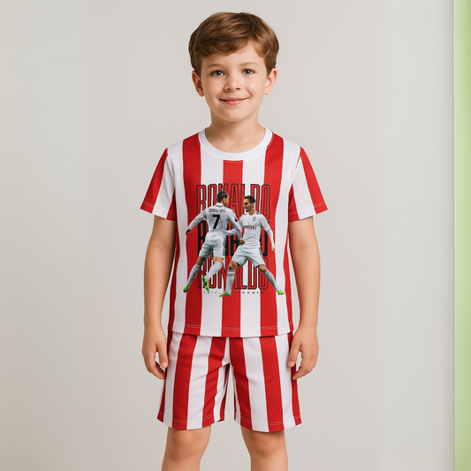 Smile Baby Kids' Red & White Striped Football T-Shirt & Shorts Set – Cristiano Ronaldo Print (Age 4–12 Years)