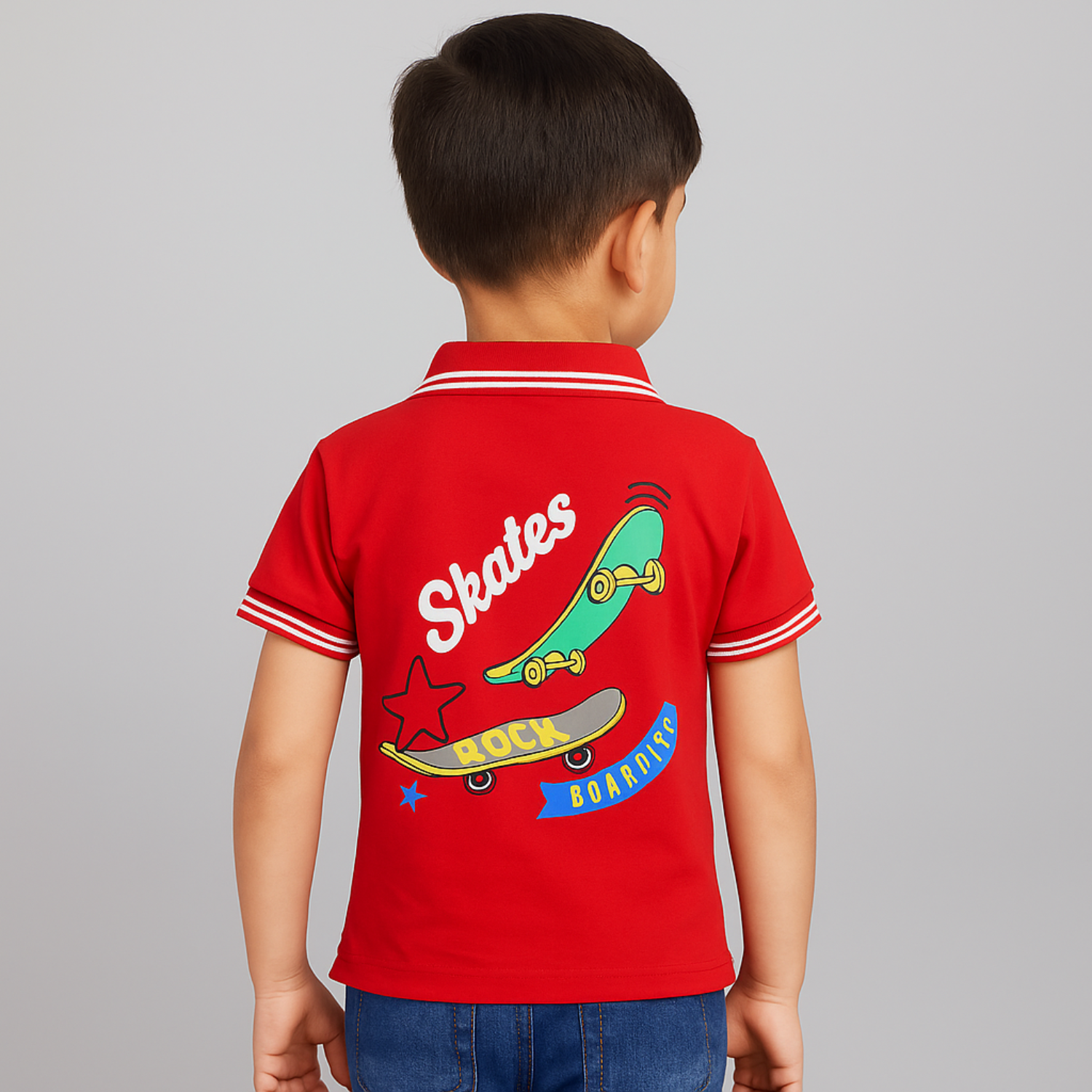Smile Baby Boys' Polo T-Shirt – Green & Red Skateboard Print | Ages 6 Months to 4 Years