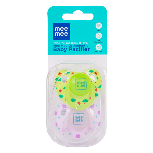 Mee Mee Baby Pacifier Pack of 2 | Ultra Light & Soft Silicone Orthodontic Design Nipple for Oral Stimulation | BPA-Free | Easy to Clean | Suitable for 3-12 Months Infants | (Green & Pink)
