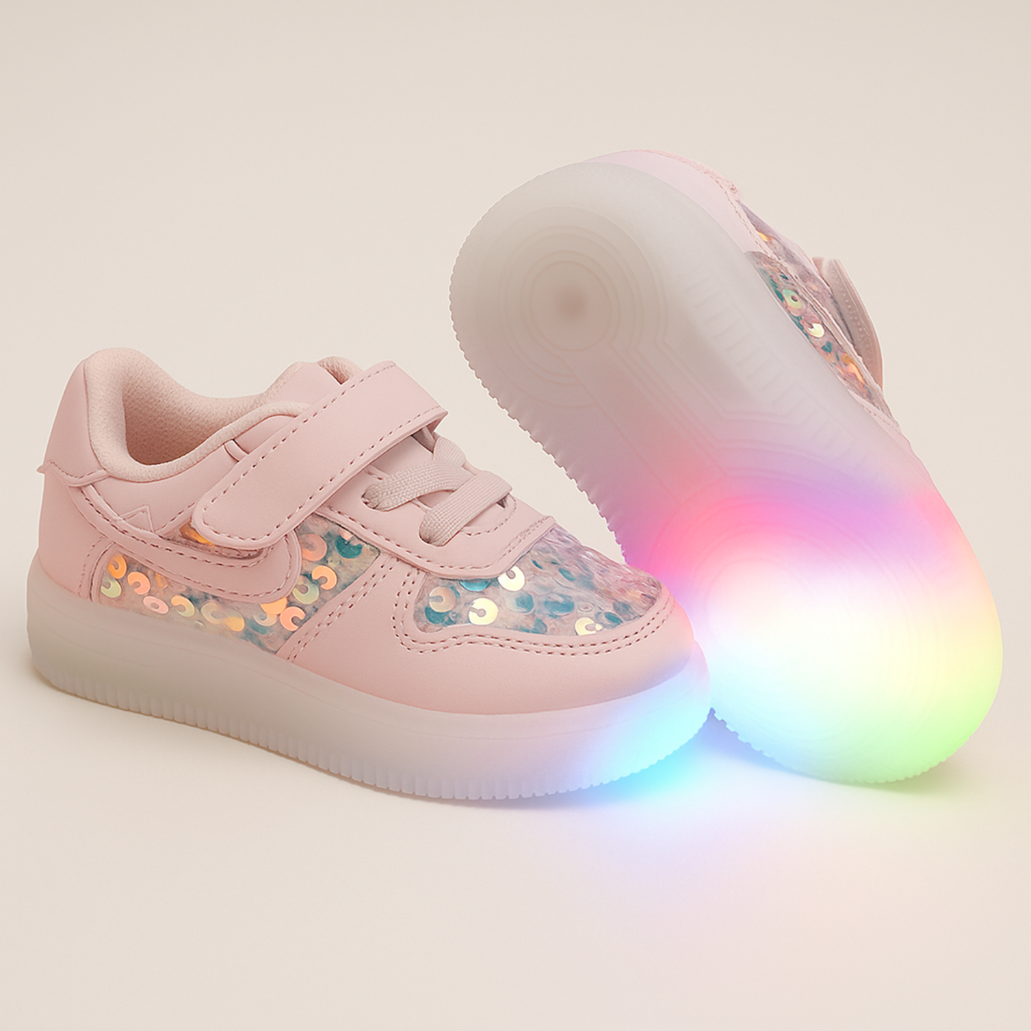 Smile Baby Kids Sequin LED Light-Up Sneakers with Velcro Strap – White & Pink