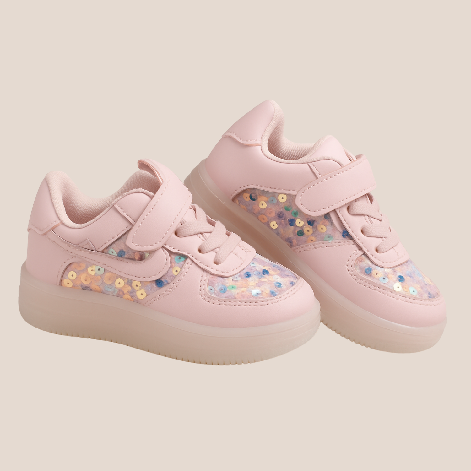 Smile Baby Kids Sequin LED Light-Up Sneakers with Velcro Strap – White & Pink