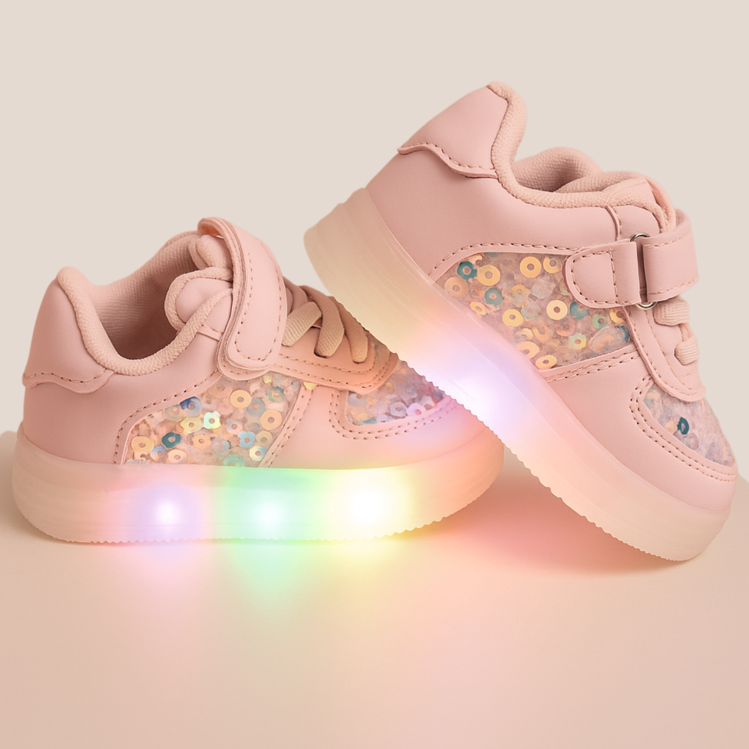 Smile Baby Kids Sequin LED Light-Up Sneakers with Velcro Strap – White & Pink