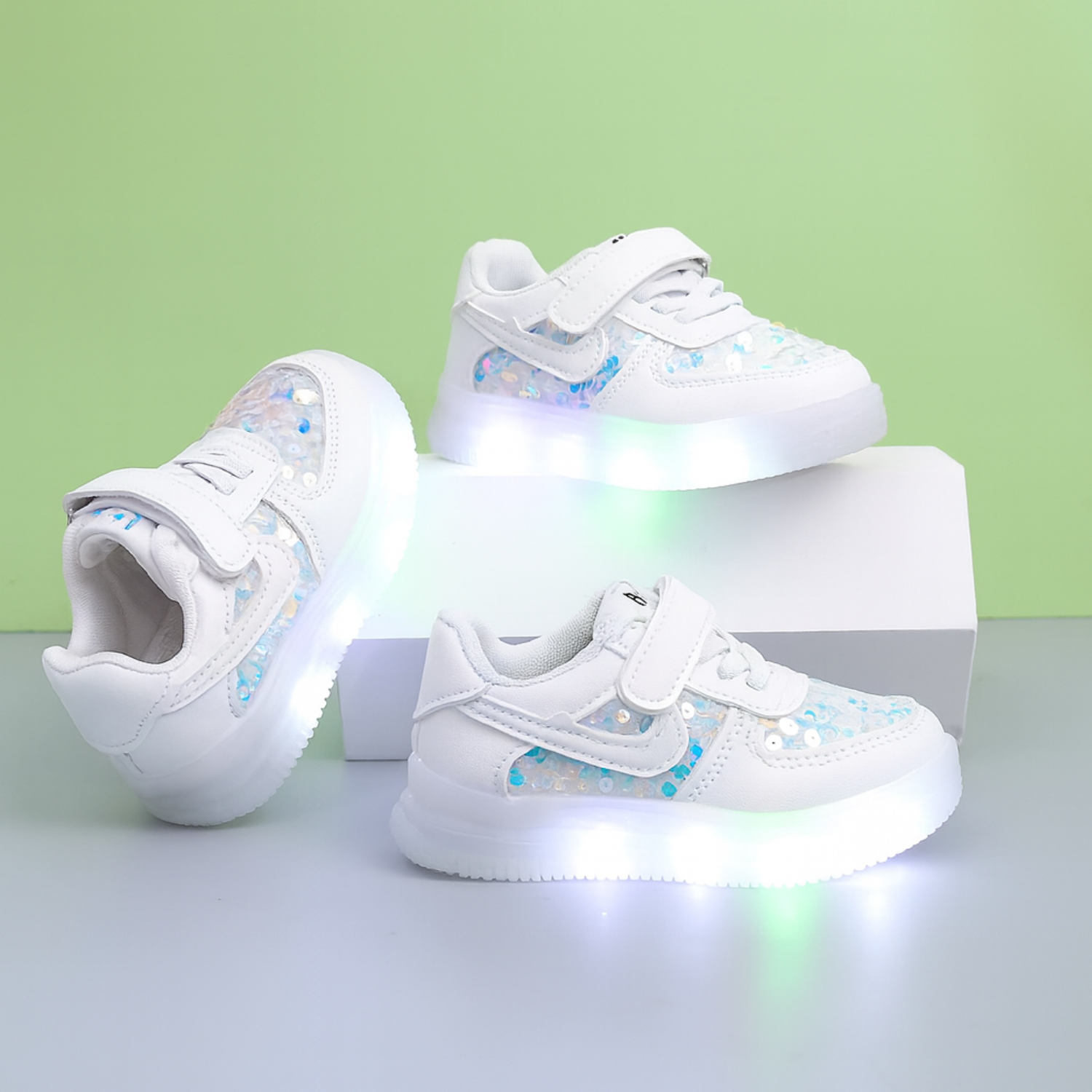 Smile Baby Kids Sequin LED Light-Up Sneakers with Velcro Strap – White & Pink
