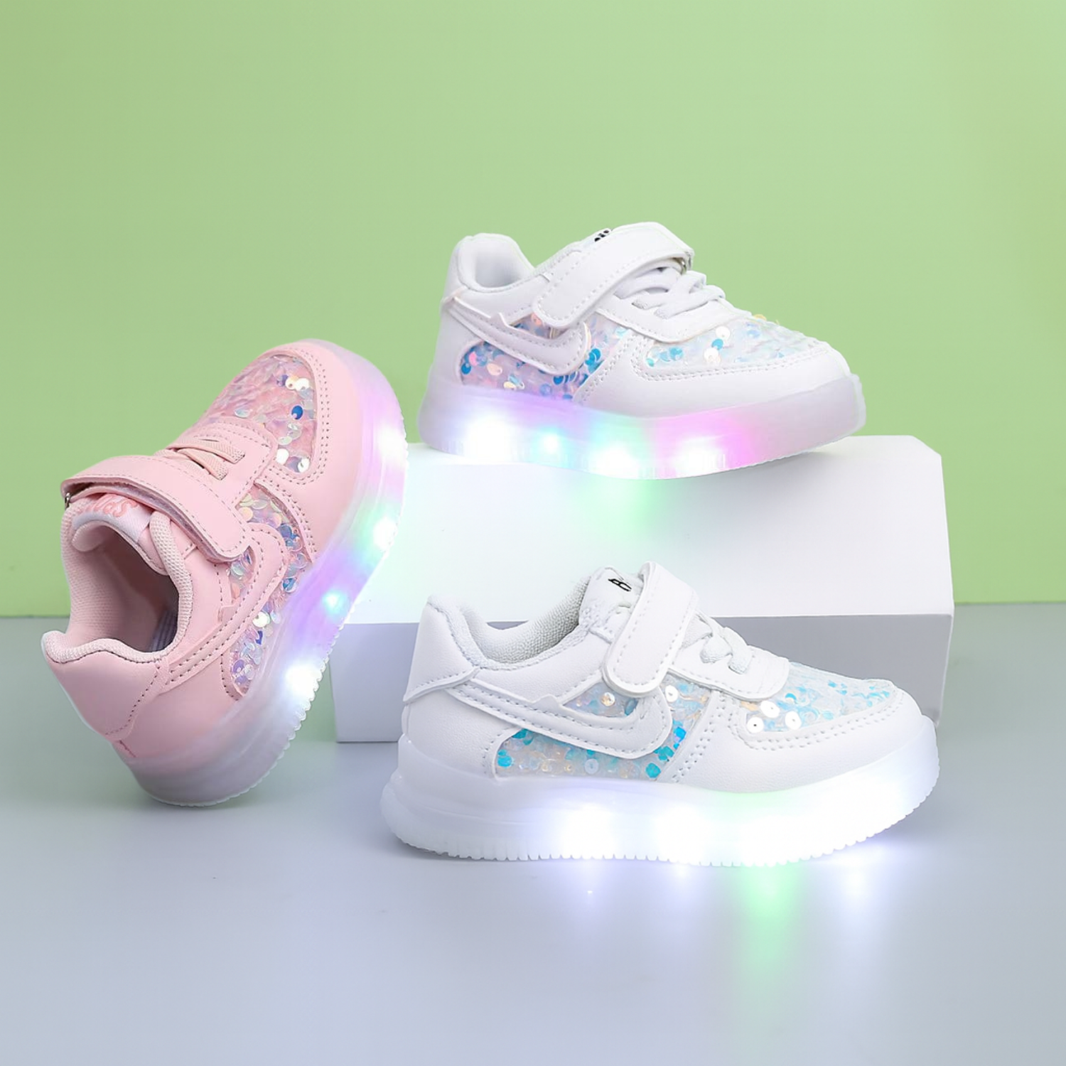 Smile Baby Kids Sequin LED Light-Up Sneakers with Velcro Strap – White & Pink