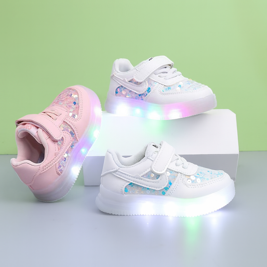 Smile Baby Kids Sequin LED Light-Up Sneakers with Velcro Strap – White & Pink