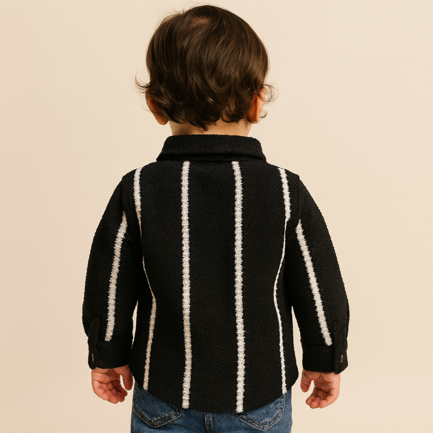 Smile Baby Boys Full Sleeve Winter Shirt – Textured Button-Down with Stripes | Available in CREAM & Black | 6 Months to 4 Years