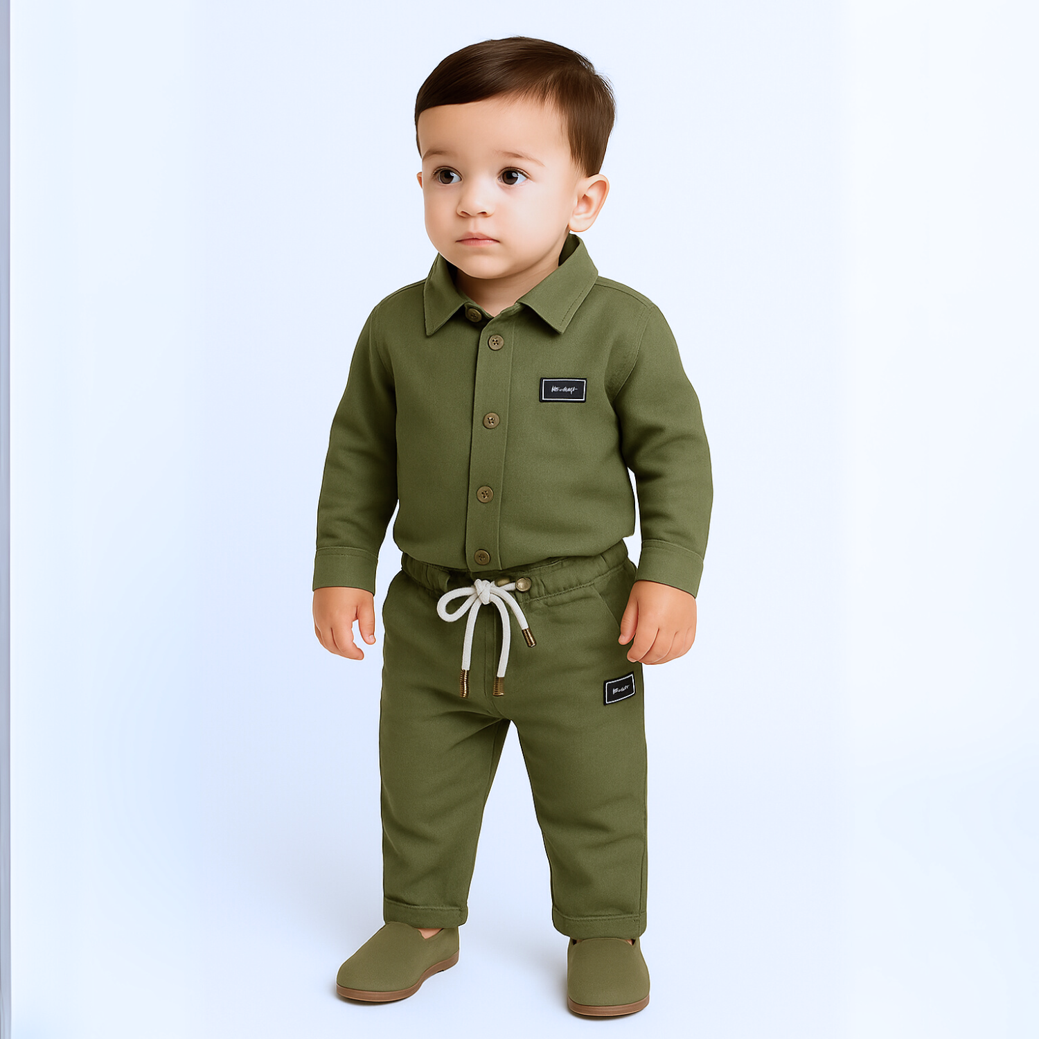 GUSTO Baby Boys Premium Cotton Set – Shirt & Pant Outfit (Fawn, Olive & White | 6 Months–3 Years)