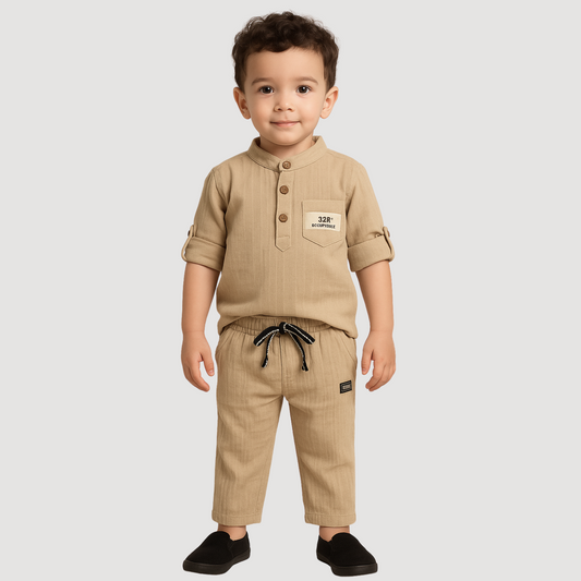 GUSTO Boys Cotton Kurta Pajama Set – Fawn, Brown, Cream & P. Green | Ages 6M–3Y