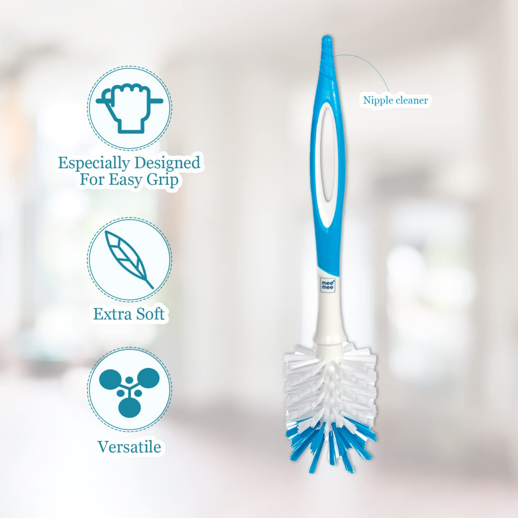 Mee Mee 360° Movable Nylon Bristle Baby Feeding Bottle & Nipple Cleaning Brush | Ergonomic Handle | Easy to Clean Bottle Corners for Narrow Neck & Wide Neck | BPA Free, Easy Hanging Storage