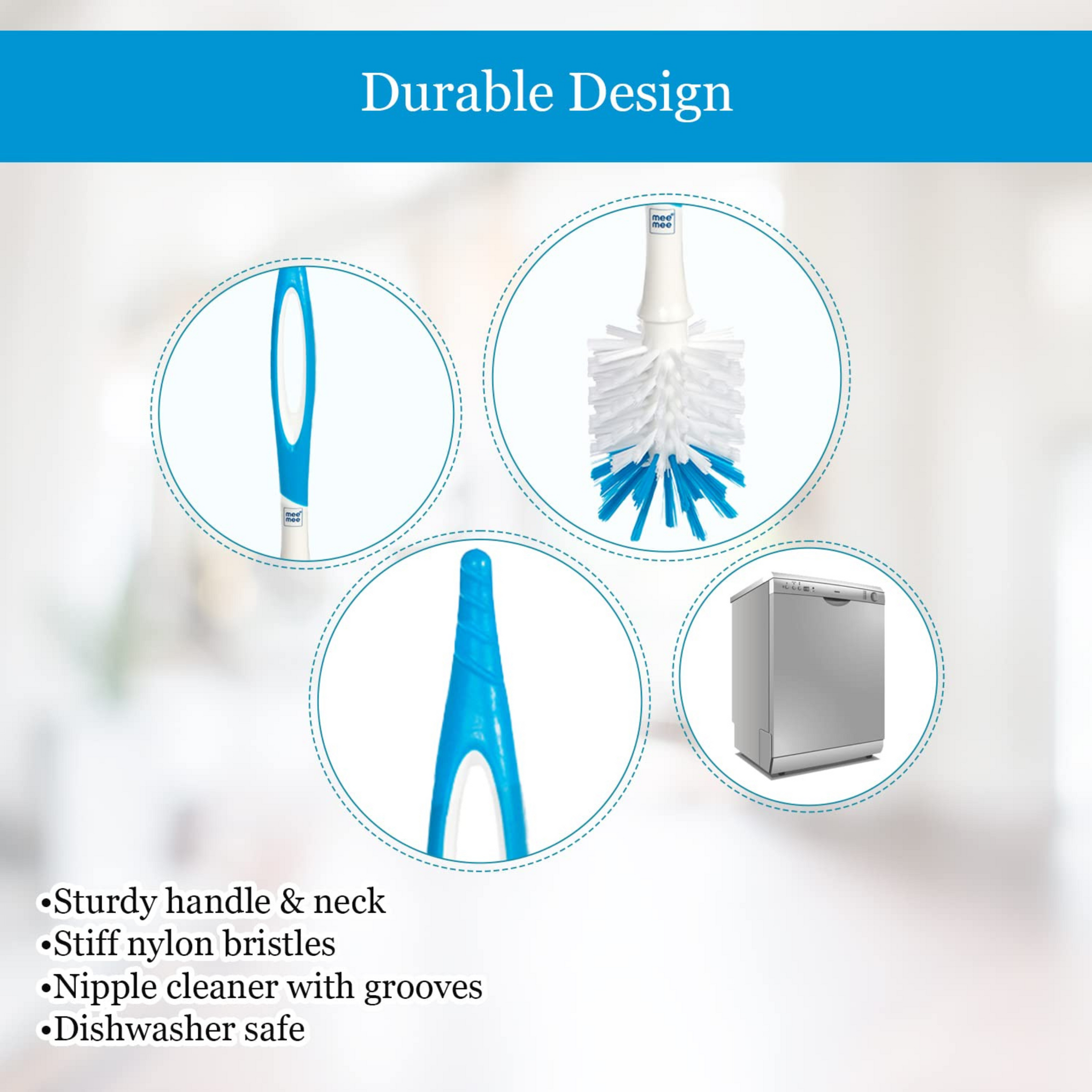 Mee Mee 360° Movable Nylon Bristle Baby Feeding Bottle & Nipple Cleaning Brush | Ergonomic Handle | Easy to Clean Bottle Corners for Narrow Neck & Wide Neck | BPA Free, Easy Hanging Storage