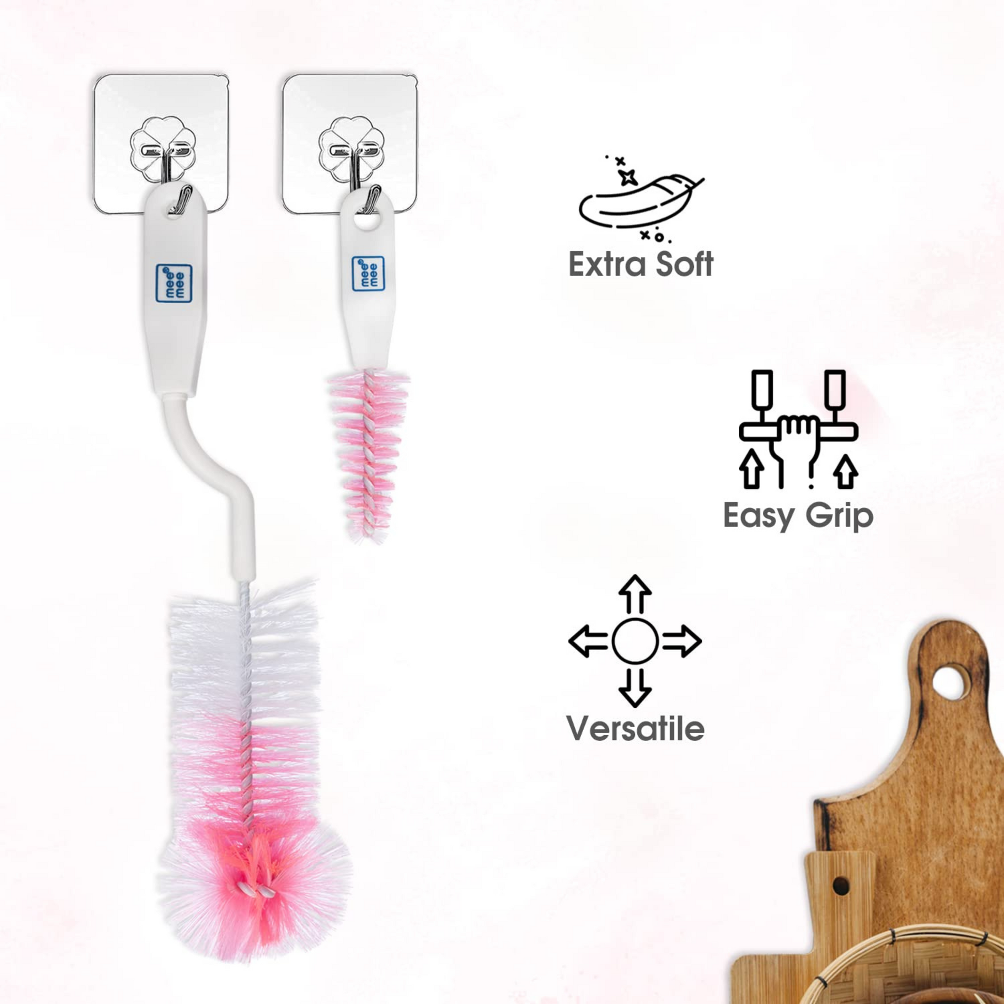 Mee Mee 360° Movable Nylon Bristle Baby Feeding Bottle & Nipple Cleaning Brush | Ergonomic Handle | Easy to Clean Bottle Corners for Narrow Neck & Wide Neck | BPA Free, Easy Hanging Storage | Pink